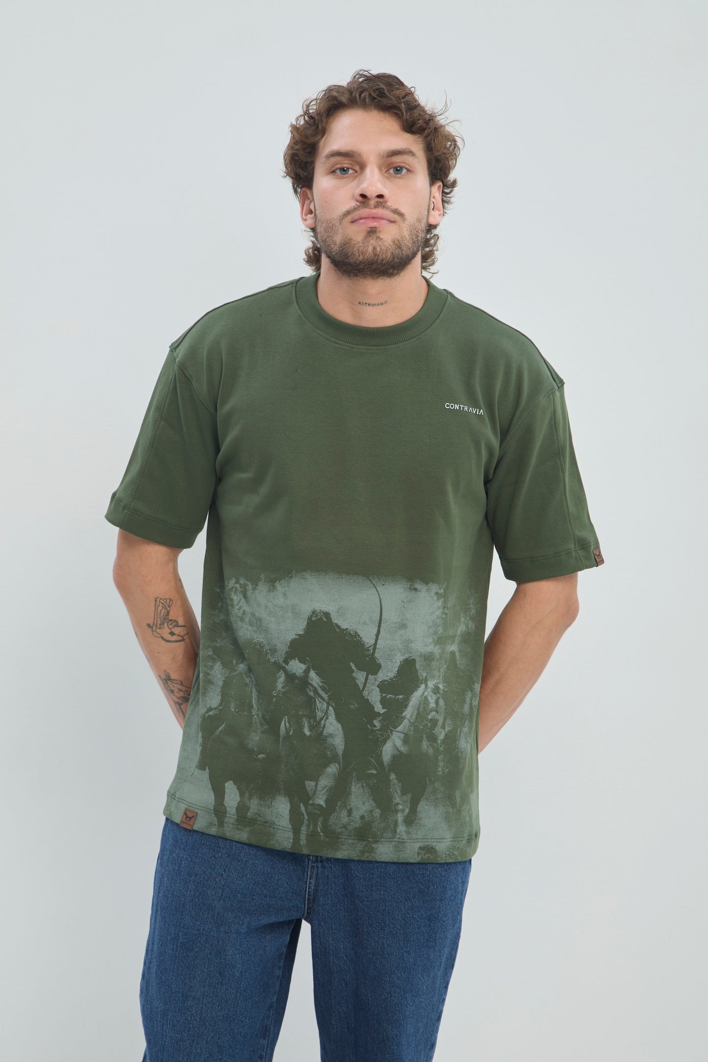 Camiseta Oversize Hombre Algodón Premium 360G con Estampado Serigrafía Caballería