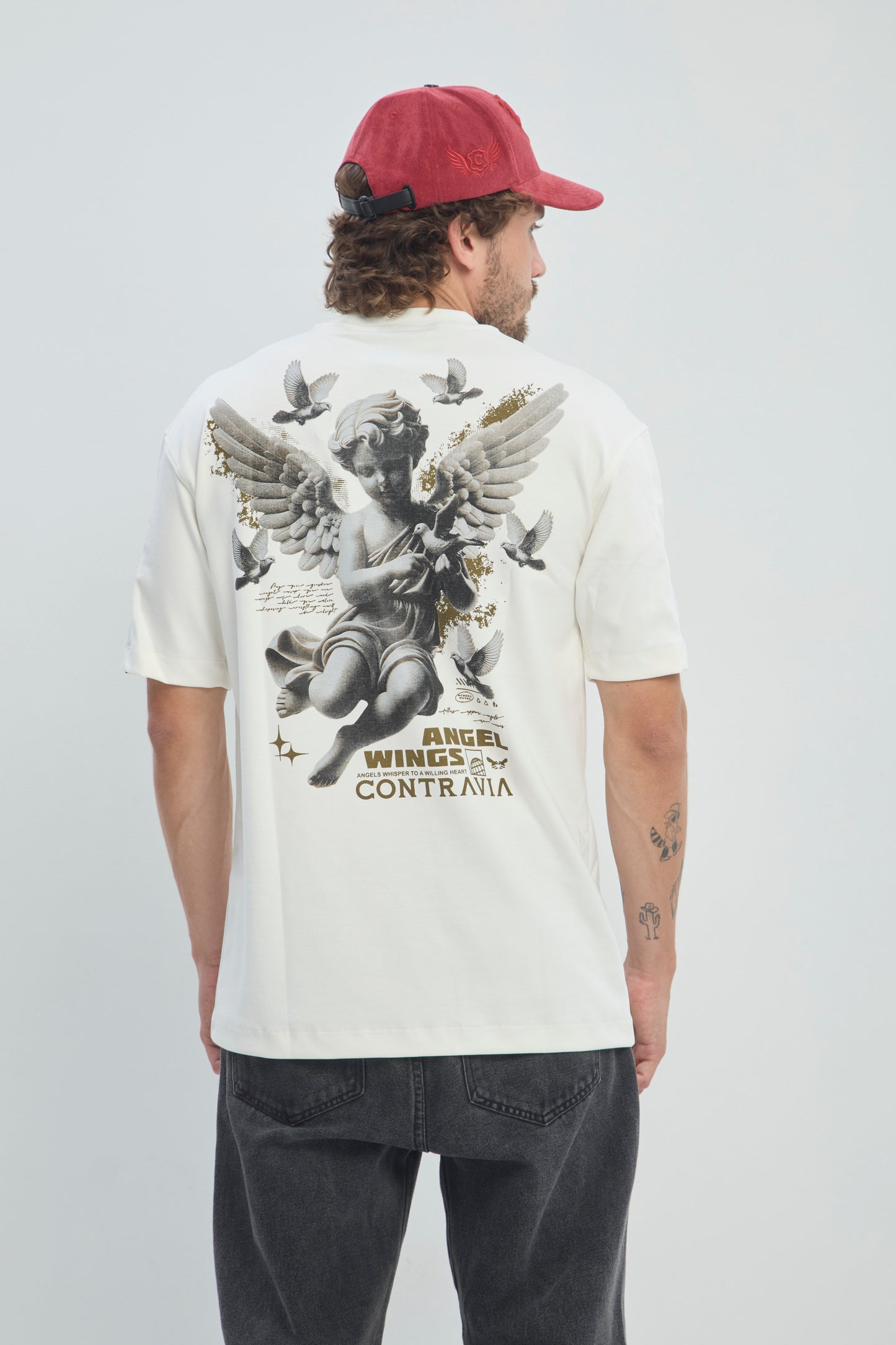 Camiseta Hombre Semi Oversize 250G Alto Gramaje con Estampado Ángel