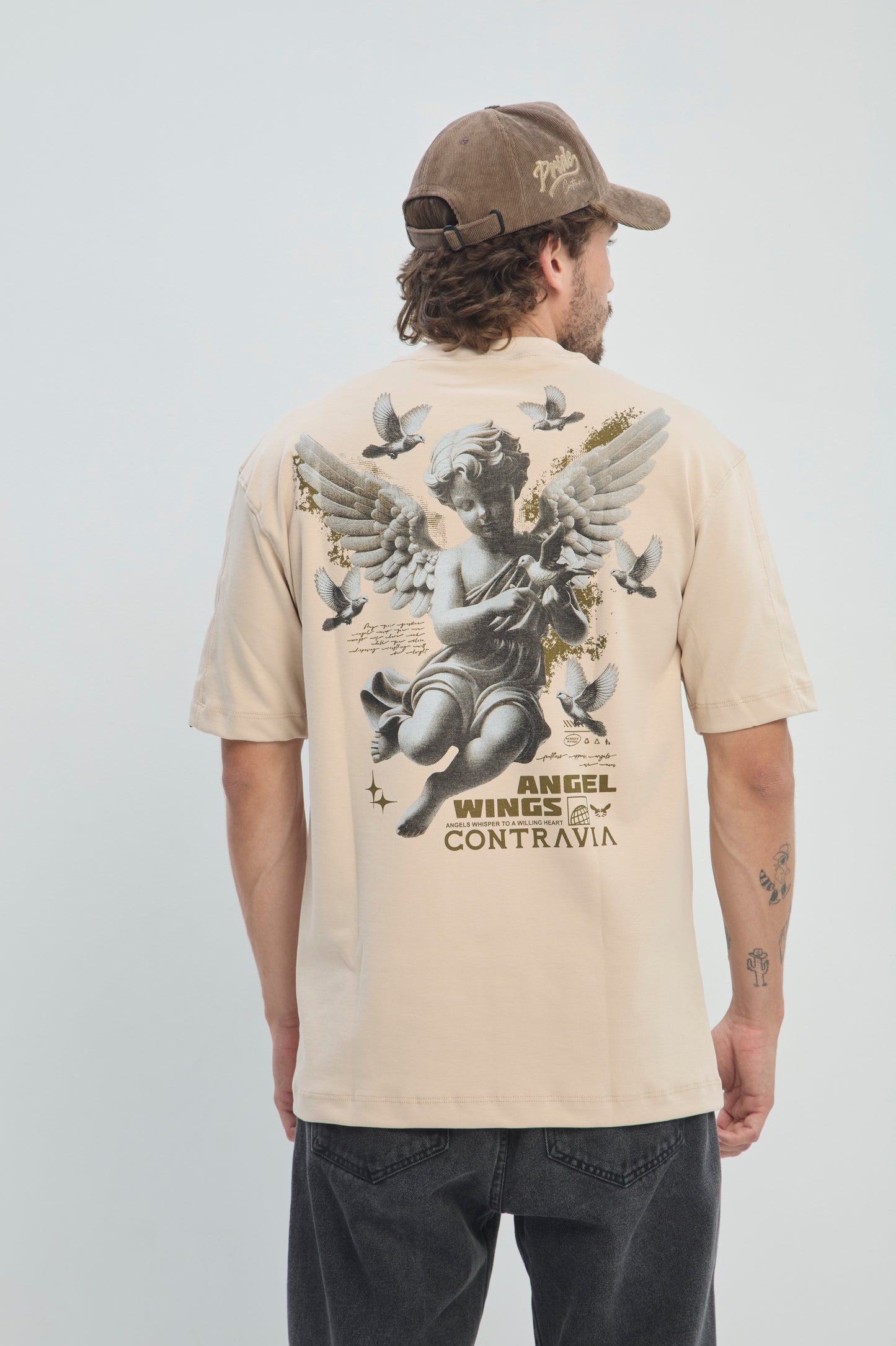 Camiseta Hombre Semi Oversize 250G Alto Gramaje con Estampado Ángel