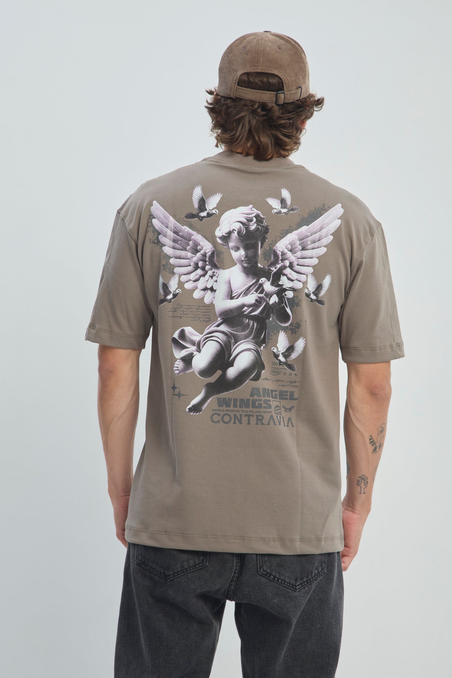 Camiseta Hombre Semi Oversize 250G Alto Gramaje con Estampado Ángel