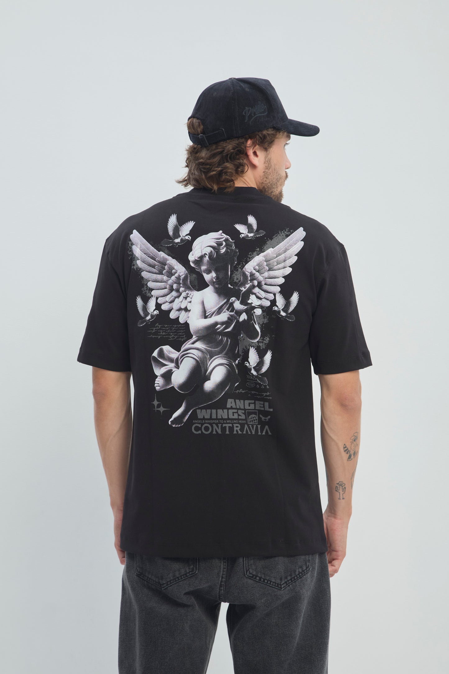 Camiseta Hombre Semi Oversize 250G Alto Gramaje con Estampado Ángel