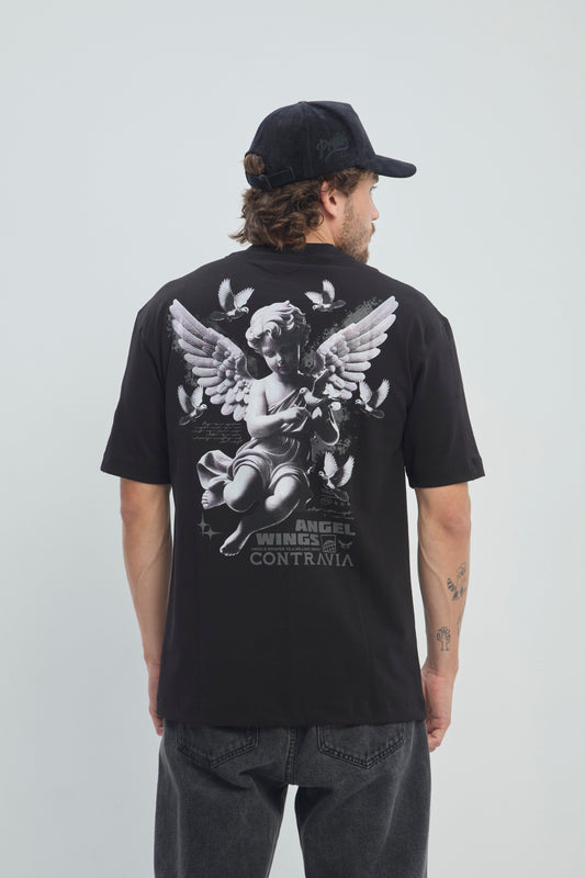 Camiseta Hombre Semi Oversize 250G Alto Gramaje con Estampado Ángel